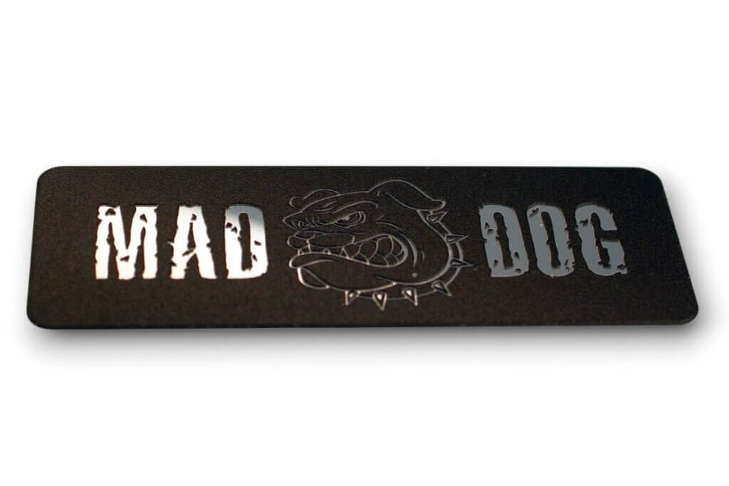 Mad Dog product labelling logo plate